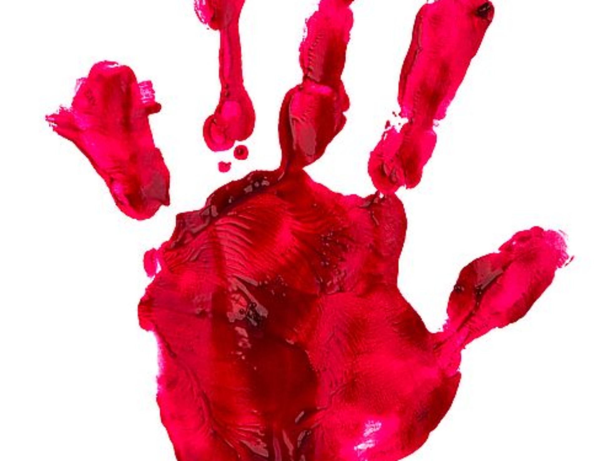 Bloody print of a hand and fingers on white wall